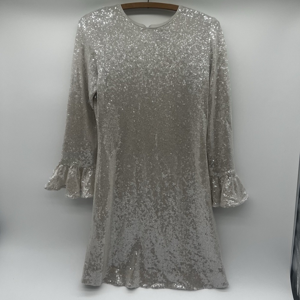 J.Crew Collection Silver Sequin Ruffle Sleeve Shift Dress Size 0‎ Party Cocktail